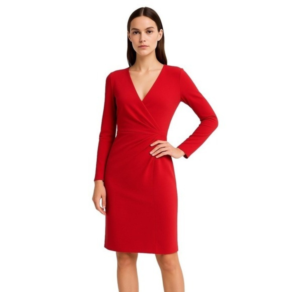 Zara Dress Womens Size Small Red Long Sleeve VNeck Draped Waist Elegant